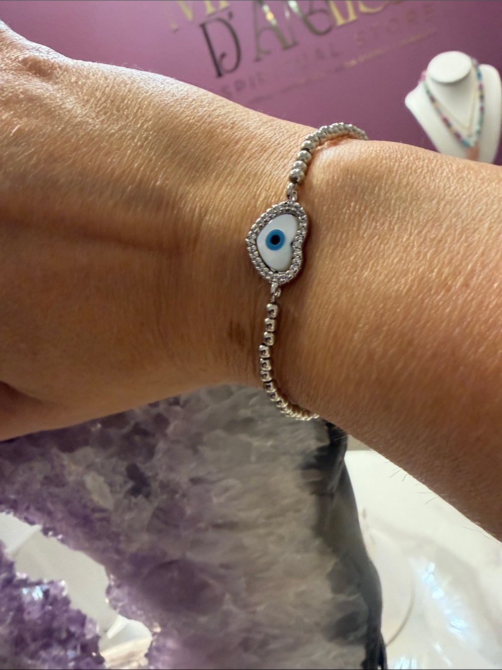 Sterling Silver Evil Eye Bead Bracelet - Blue and White protection